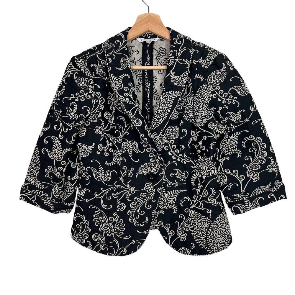 CAbi Women's Size 4 Eliza Brocade Tapestry Blazer Jacket Black Ivory 3/4 Sleeve